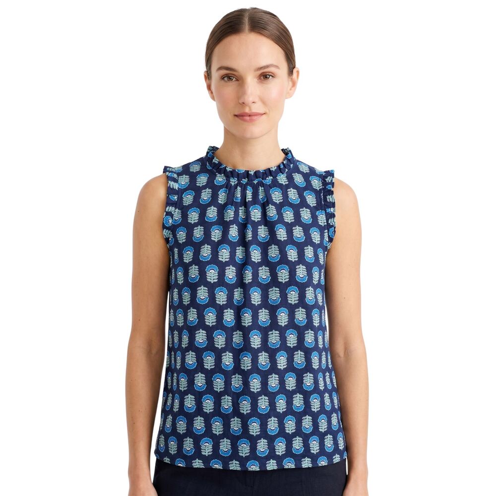🌺 J.Crew Linen Cotton Floral Ruffle High Neck Sleeveless Top XS Navy